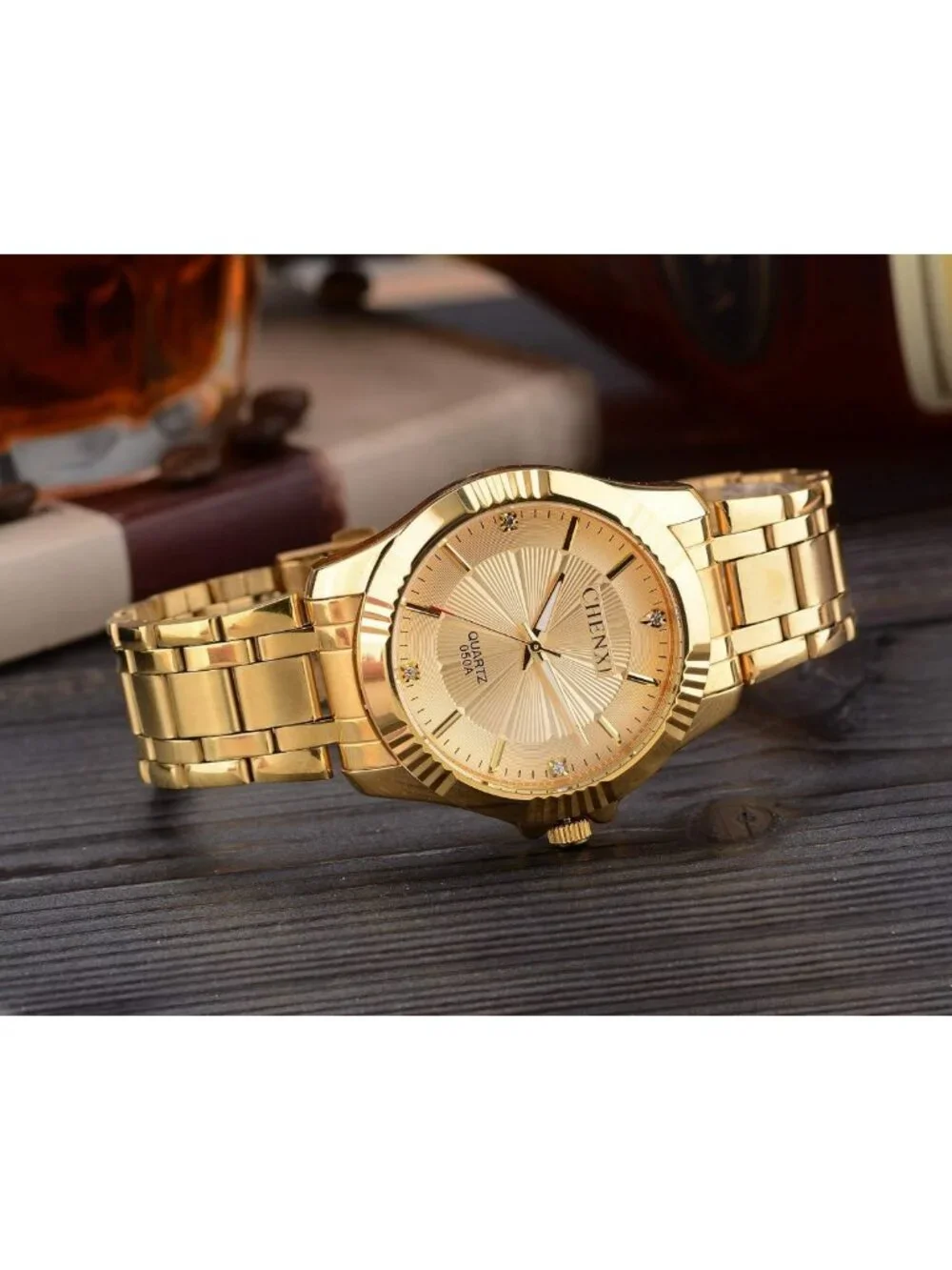 Classic Gold Stainless Steel Men's Watch with Crystals - Stylish & Elegant